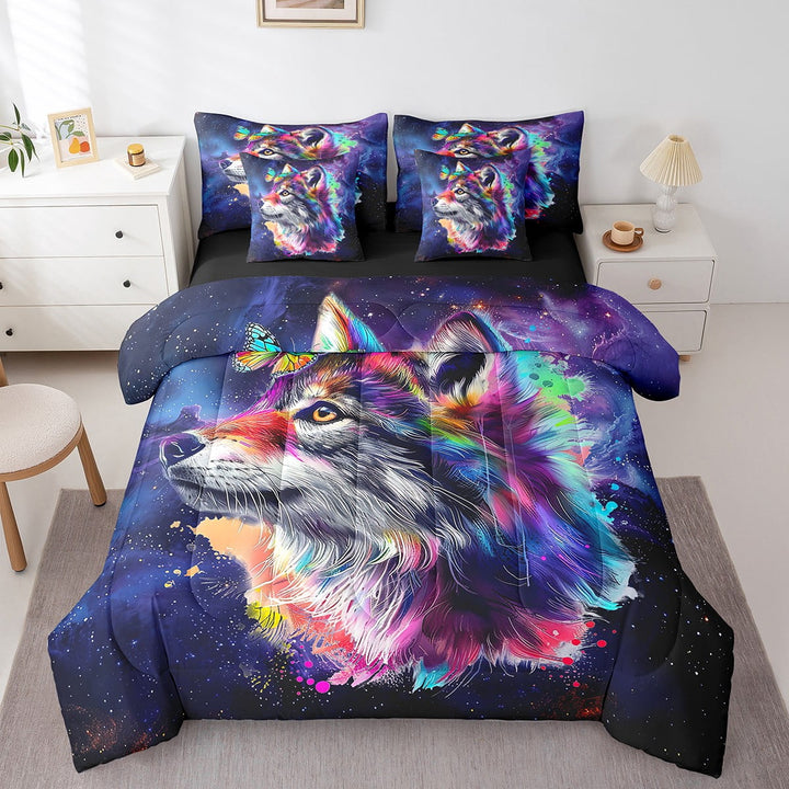 Watercolor Wolf Bed in a Bag 7pcs Purple Navy Blue Bedding Set, Woodland Wildlife Twin Comforter Set Safari Wild Animal Bedding Comforter Sets, Glitter Stars Galaxy Bed Set