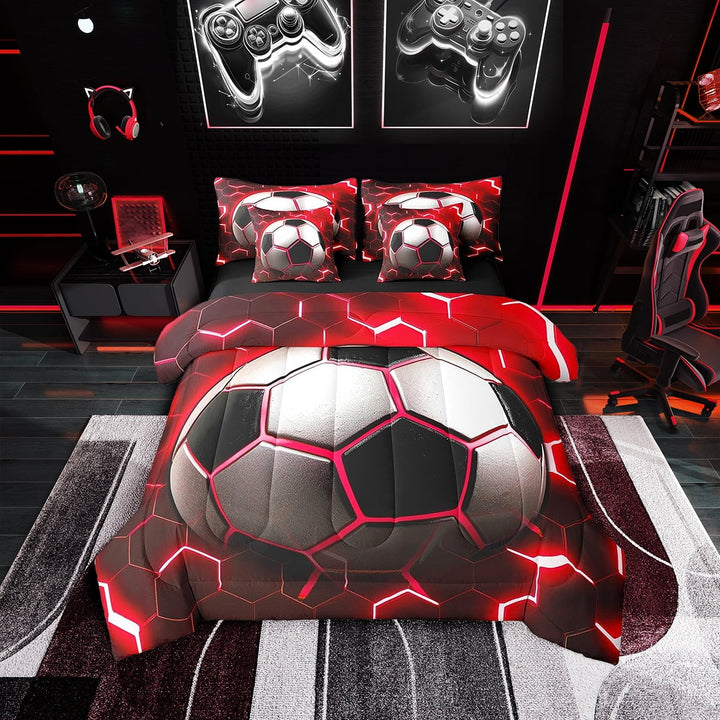 Football Queen Size Comforter Set Soccer Sports Bedding Comforter Sets, Red Neon Honeycomb Bed in a Bag 7pcs Geometric Hexagon Bedding Set, Red Black White Bed Set