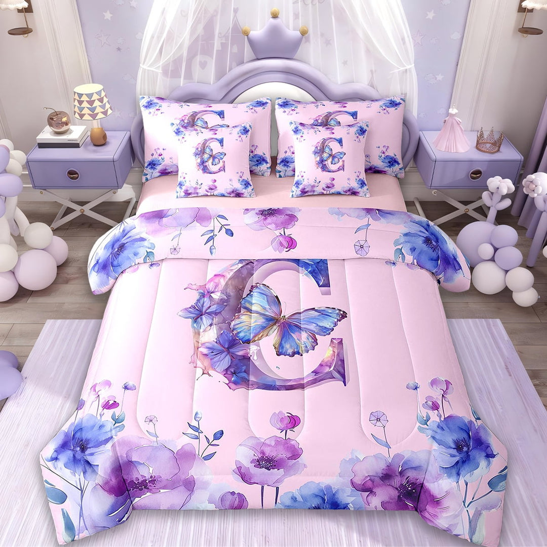 Erosebridal Monogrammed C Bedding Sets Twin Size,Tie Dye Flower Print Comforter Sets with Sheets,Wild Animal Butterfly Bed in a Bag Twin Size,Lightweight Room Decor Reversible,7-Piece