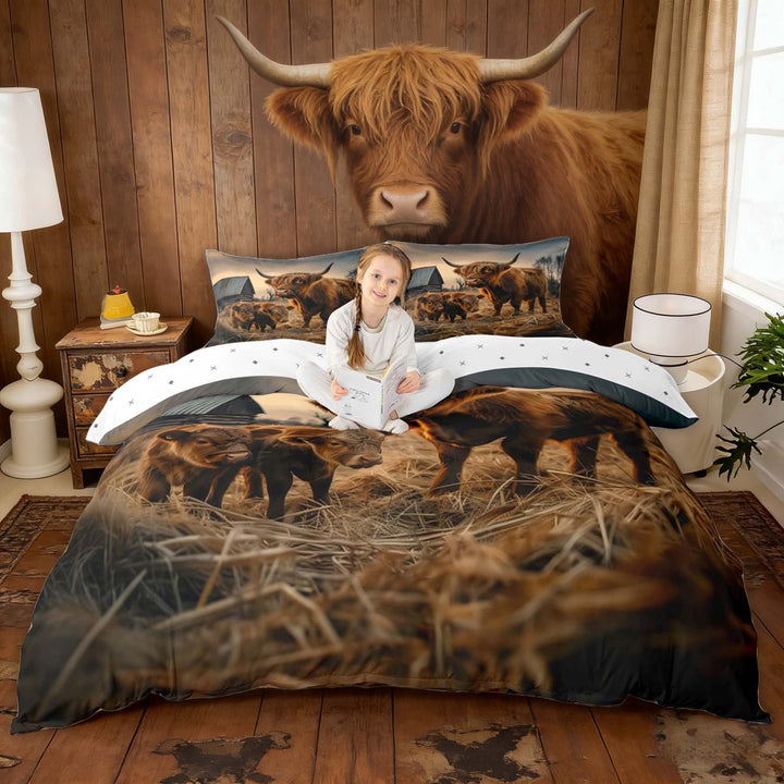 Erosebridal Highland Cattle Duvet Cover Set, Vintage Lodge Cabin Bedding Full, Reversible 3pcs 1 Duvet Cover and 2 Pillowcases (No Comforter)