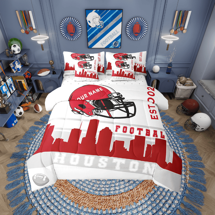 Erosebridal Soccer Helmet Bedding Sets Twin Size, Red Grey Comforter Sets with Sheets, Teenage Adult, Reversible 7-Piece