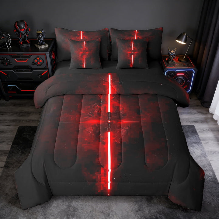 Erosebridal Future Technology Games Bedding Sets Full Size,Neon Red Gradient Light Comforter Sets with Sheets,Light Saber Bed in a Bag Full Size, Breathable Bedroom Decor Reversible,7-Piece