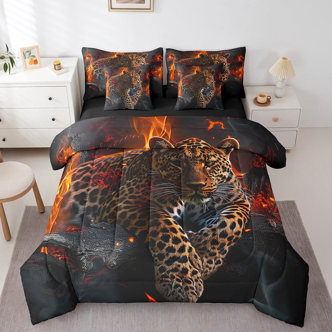 Erosebridal Cheetah Queen Comforter Set 7 Piece Leopard Bed In A Bag Adults Men,African Safari Animal Bedding Set With Sheet Set And Pillow Covers,Reversible Black Bed Set