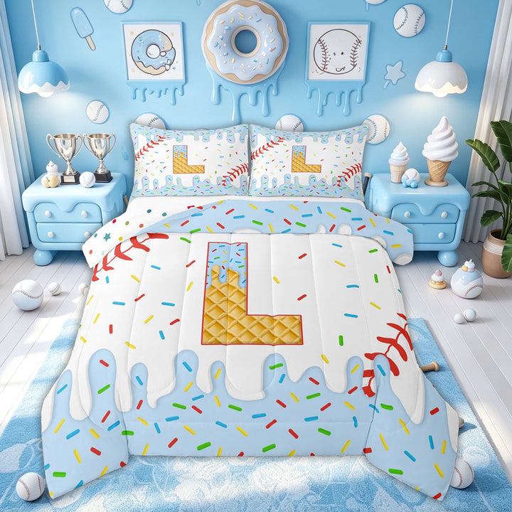 Meiyoeat Kawaii Ice Cream Baseball Full Size Comforter Sets for Kids Girls Boys, Cute Blue Donut L Letter Bedding Sets, Polkadot Reversible, 3 Pieces
