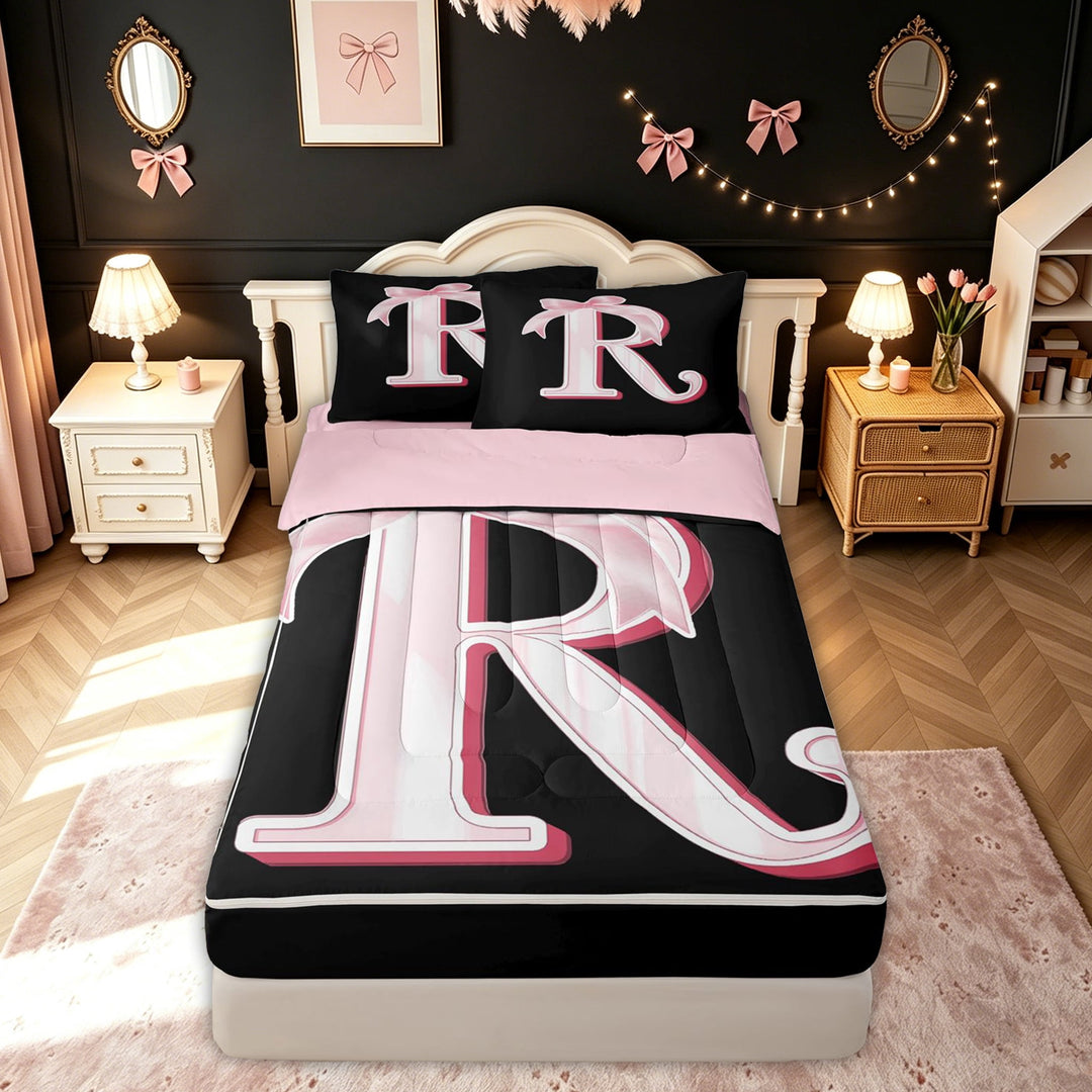 meiyoeat Black Pink Letter R Zipper Full Size Comforter Sets with Fitted Sheet and 2 Pillowcases for Kids Girls, Kawaii Princess Bow Monogram Zipper Bedding Set, Pink ReversibleG