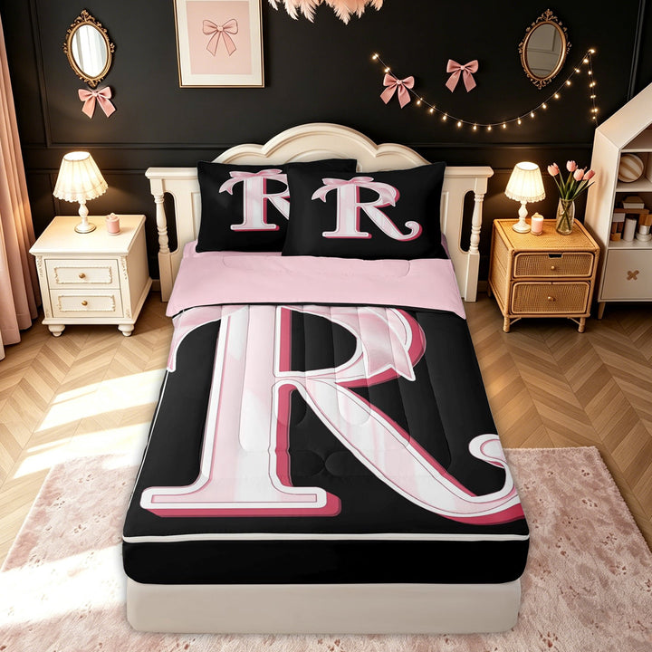 meiyoeat Black Pink Letter R Zipper Full Size Comforter Sets with Fitted Sheet and 2 Pillowcases for Kids Girls, Kawaii Princess Bow Monogram Zipper Bedding Set, Pink ReversibleG