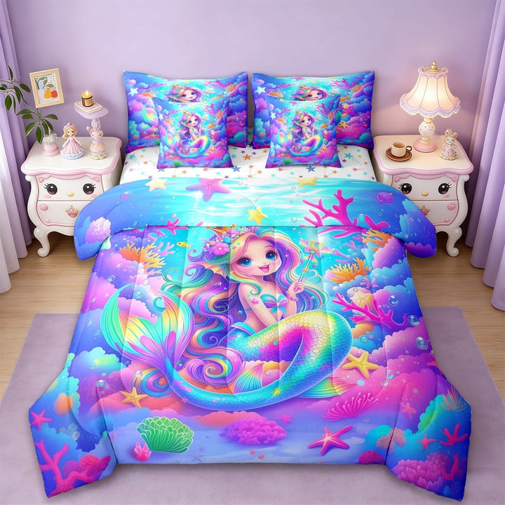 Erosebridal Colorful Mermaid Fishtail 7-Piece Twin Bedding Sets,Watercolor Ocean Coral Bedding Comforter Set For Girls,Reversible