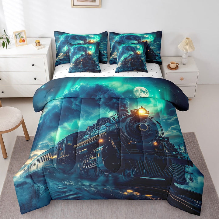 Vintage Steam Engine Bed In A Bag 7 Pieces Old Train Car Full Comforter Set Child Retro Bedding Set Railway Track Transport Comforter Turquoise Moon Starry Galaxy Fitted Sheet