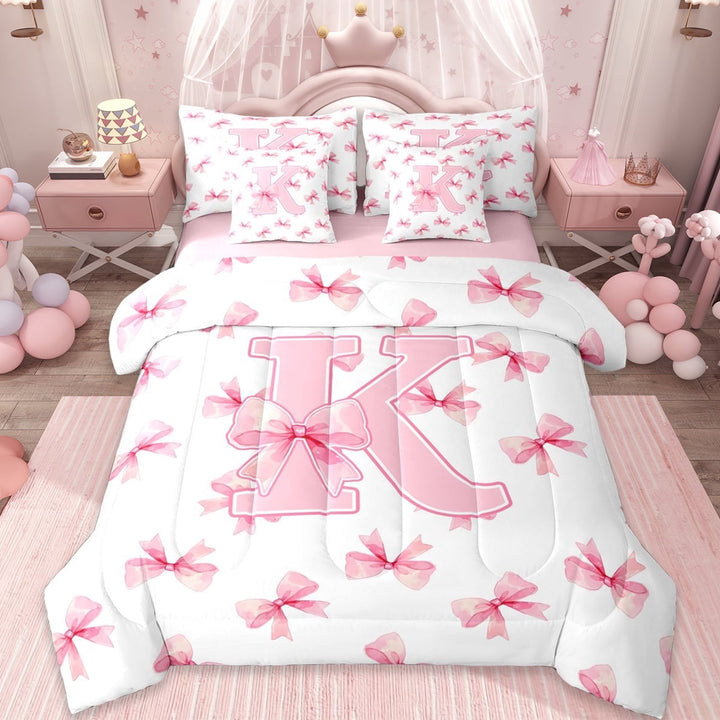 Erosebridal Cute Coquette Bowknot 7-Piece Twin Bedding Sets,Girls Pink K Alphabet Bedding Comforter Set For Bowtie Lovers,Reversible