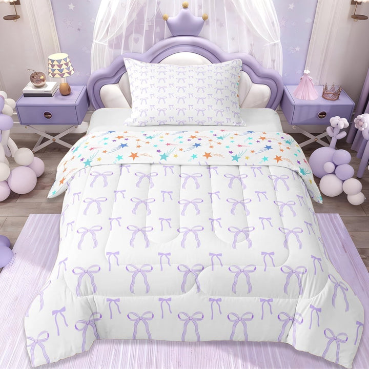 Erosebridal Dreamy Princess Kawaii Bowknot Twin Comforter Sets For Bows Lovers,Kawaii Bowknots Bow Tie Bedding Set,Purple White, Reversible 2pcs
