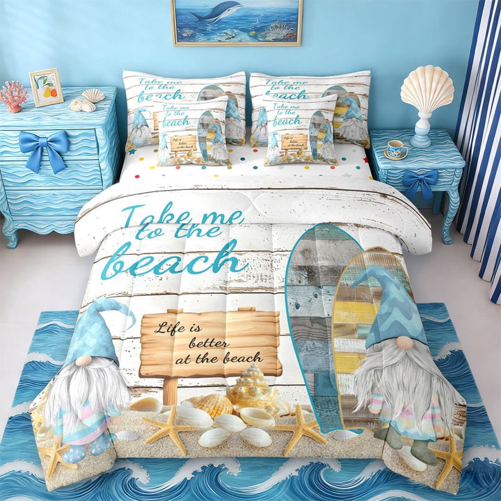 Erosebridal Summer Beach 7pcs Bedding Comforter Set,Cartoon Gnome Cute Seashell Starfish Queen Bedding Sets For Kids Girls,Reversible