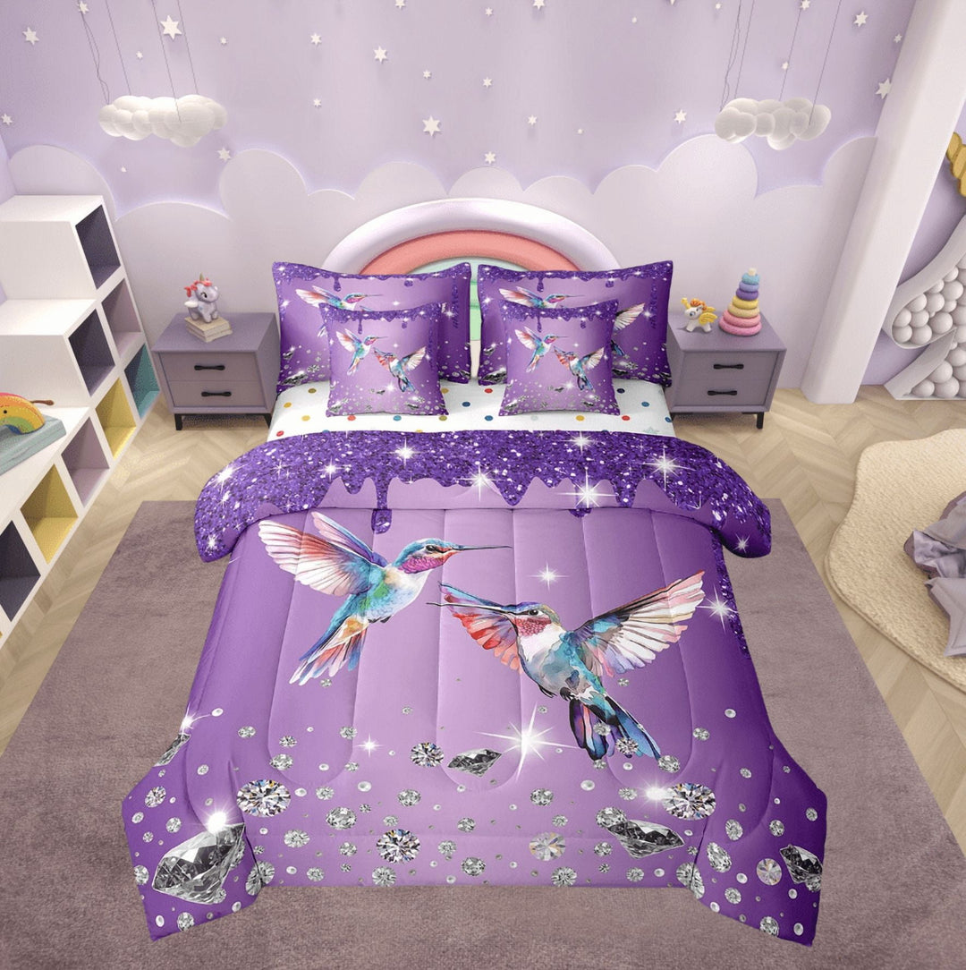 Hummingbird Comforter Set 7 Piece Bed in a Bag Twin,Purple Sequin Fluid Art Bedding Set,Crystal Diamond Comforter and Sheet Set Rustic Aesthetic Animal Bed Set,Jungle Bird Room Decor