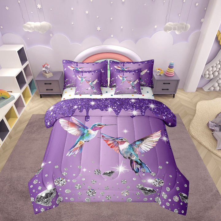 Hummingbird Comforter Set 7 Piece Bed in a Bag Twin,Purple Sequin Fluid Art Bedding Set,Crystal Diamond Comforter and Sheet Set Rustic Aesthetic Animal Bed Set,Jungle Bird Room Decor