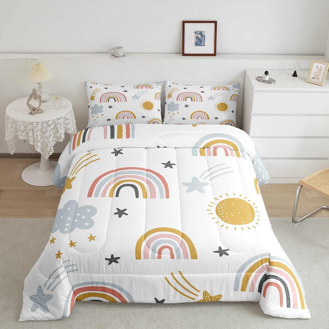 Erosebridal Rainbow Bedding Set, Sun and Stars Comforter Set Twin Size Cartoon Style Cloud Bedding Comforters Girly Soft Microfiber Duvet Insert for Bedroom Decor