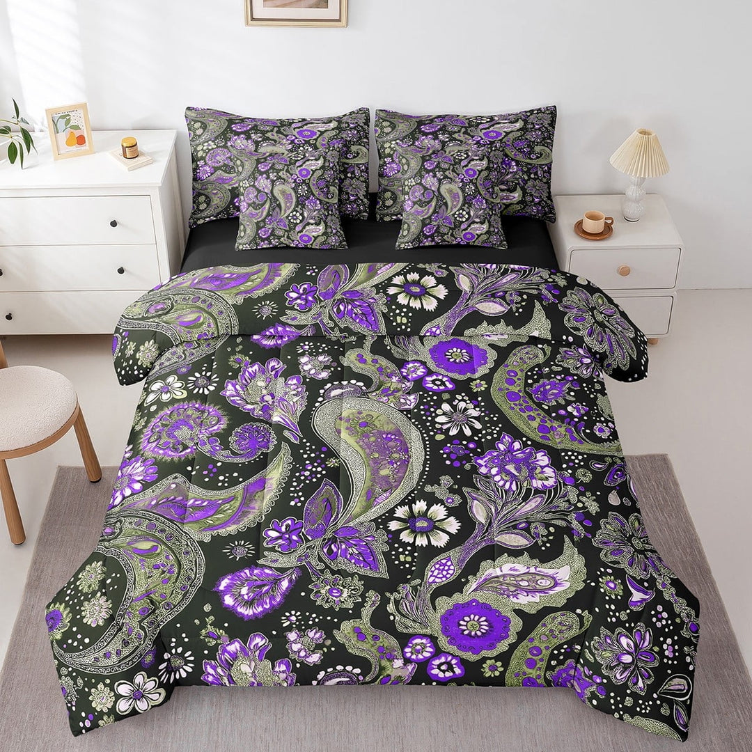 Erosebridal Paisley Damask 7 Piece Queen Comforter Set,Exotic Egyptian Chic Bedding,Floral Boho Tribal Microfiber Bed in a Bag Bedding Accessories,Retro Bohemian Bed Sheets Set