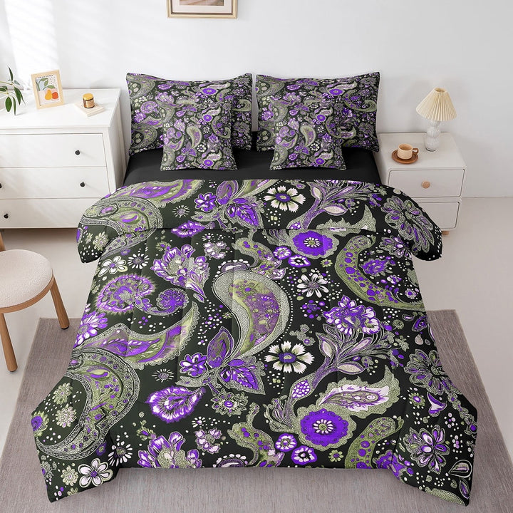 Erosebridal Paisley Damask 7 Piece Queen Comforter Set,Exotic Egyptian Chic Bedding,Floral Boho Tribal Microfiber Bed in a Bag Bedding Accessories,Retro Bohemian Bed Sheets Set
