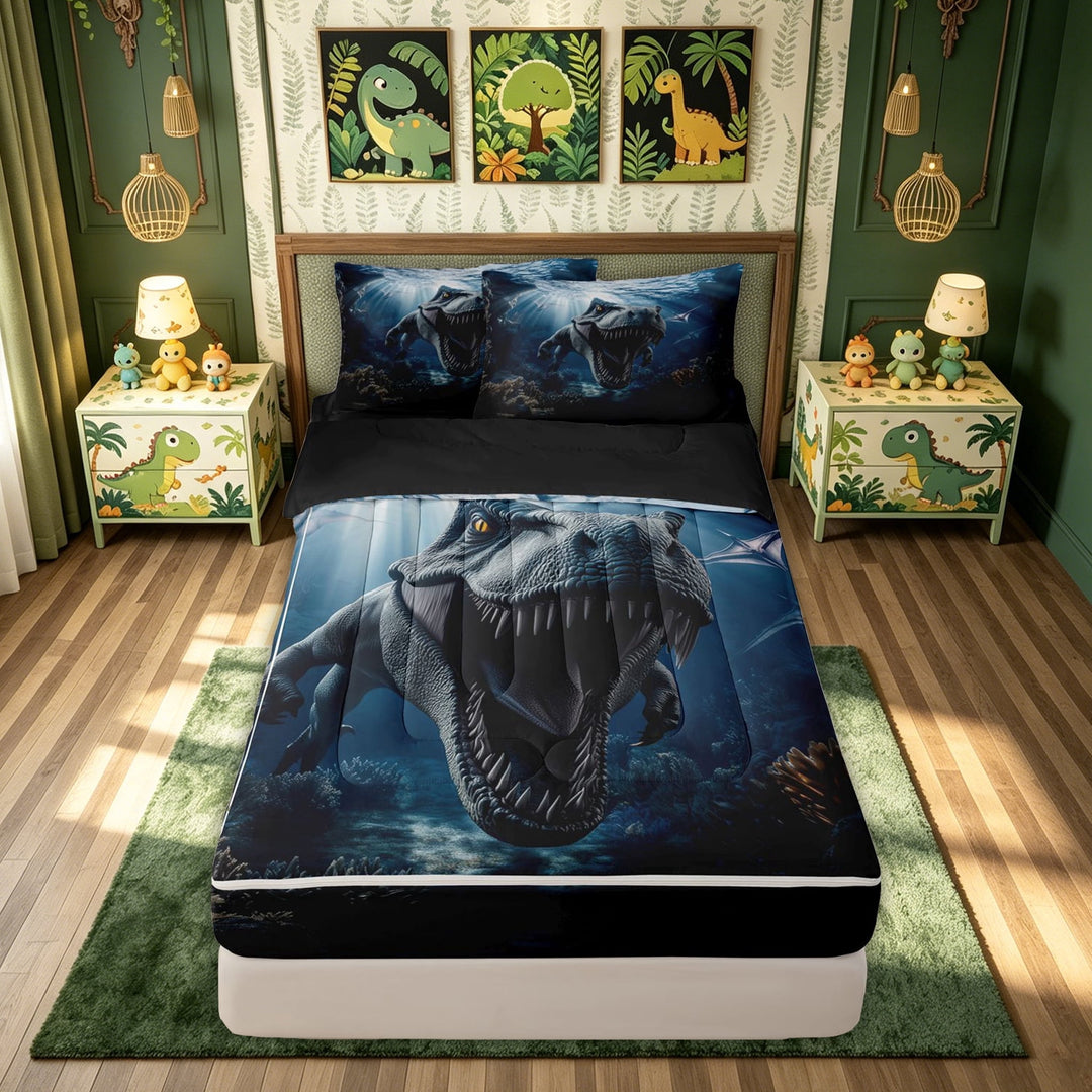 meiyoeat Ocean Underwater Dino Zipper Full Size Comforter Sets with Fitted Sheet and 2 Pillowcases for Boys Men, Mystic Sea Animal Zipper Bedding Set, Blue Gray, Black Reversible, 4pcs