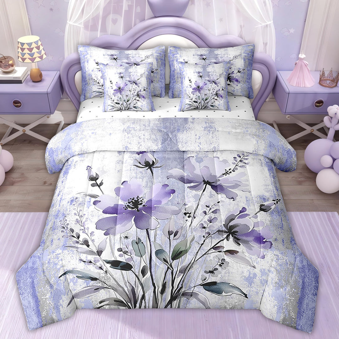 Erosebridal Purple Groovy Bedding King Size for Girls, Watercolor Flower Bed Set, Daisy Floral Bed in a Bag King size, 7 Pieces