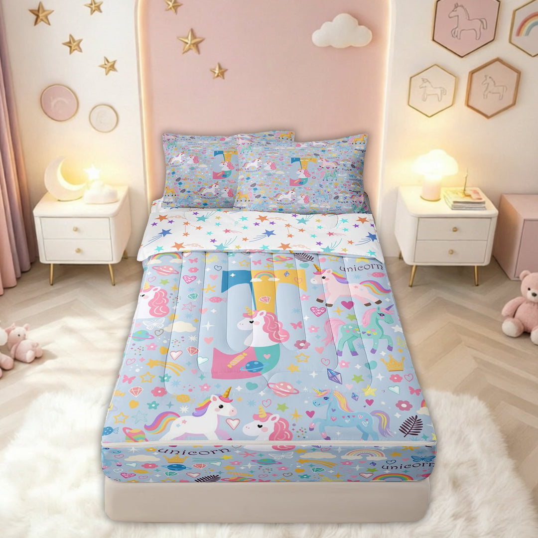 meiyoeat Cute Unicorn J Initial Zipper Comforter Set with Fitted Sheet and 2 Pillowcases for Kids, Cartoon Monogram Zipper Bedding Set, Blue Multicolor, Colorful Star Reversible, 3-Piece