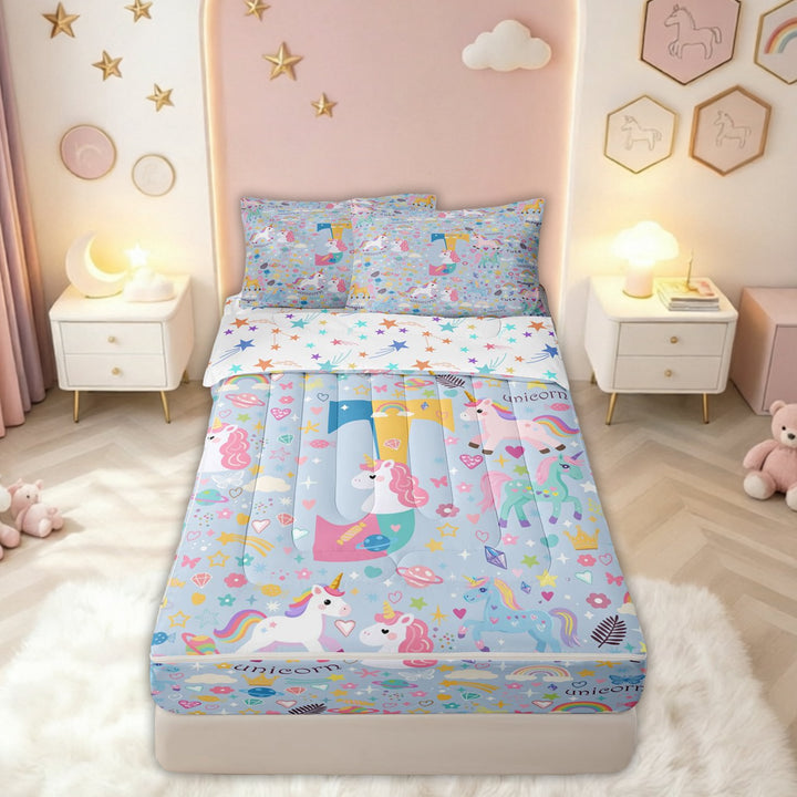 meiyoeat Cute Unicorn J Initial Zipper Comforter Set with Fitted Sheet and 2 Pillowcases for Kids, Cartoon Monogram Zipper Bedding Set, Blue Multicolor, Colorful Star Reversible, 3-Piece