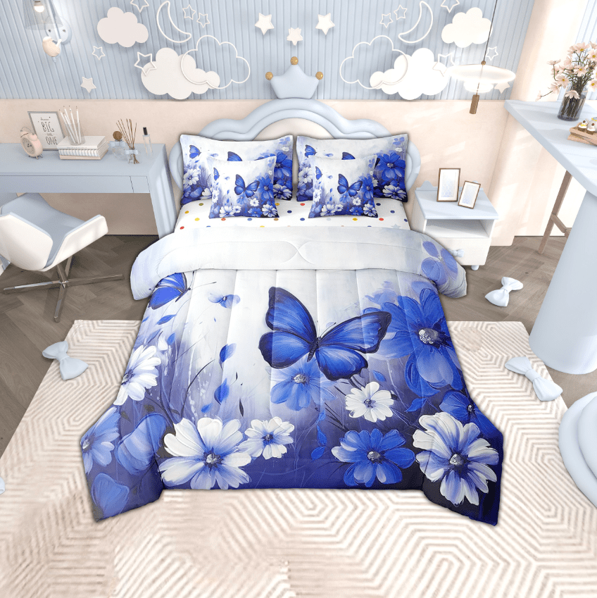 Butterfly Flowers Bed in a Bag King Size Comforter Set 7 Pieces,Dark Blue Ombre Art Oil Painting Floral Bedding Sets Rustic Aesthetic Animal Daisy Flower Sheet Set with Comforter