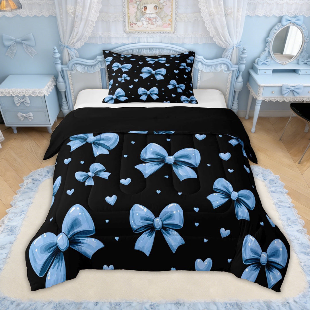 Erosebridal Princess Ribbon Heart Twin Comforter Sets for Girls, Blue Bow Bedding Set for Kids, Black Reversible, 2 Pieces