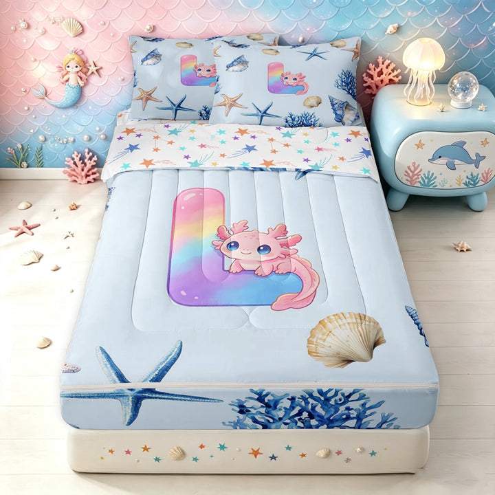 meiyoeat Axolotl Rainbow Letter L Zipper Full Size Comforter Sets with Fitted Sheet and 2 Pillowcases for Girls, Kawaii Ocean Sea Life Zipper Bedding Set, Blue, Star Reversible, 4-Piece