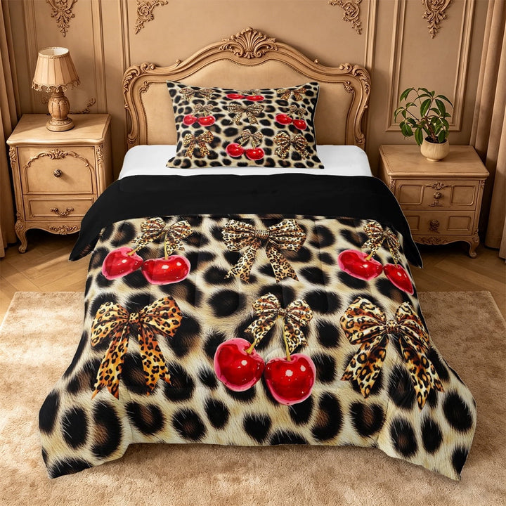 Manfei Brown Leopard Print Twin Comforter Sets For Kids,Red Cute Cherry Print Bedding Set For Girls,Black Reversible,2 Pieces