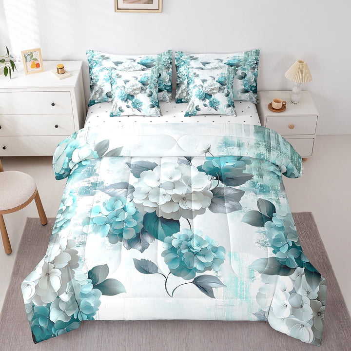 Chic Floral Queen Comforter Set 7 Pieces Women Hydrangea Flower Bedding Comforter Sets,Teal Ombre Bed in a Bag Gradient Oil Painting Bedding Set,Vintage Watercolor Bed Sheets Set