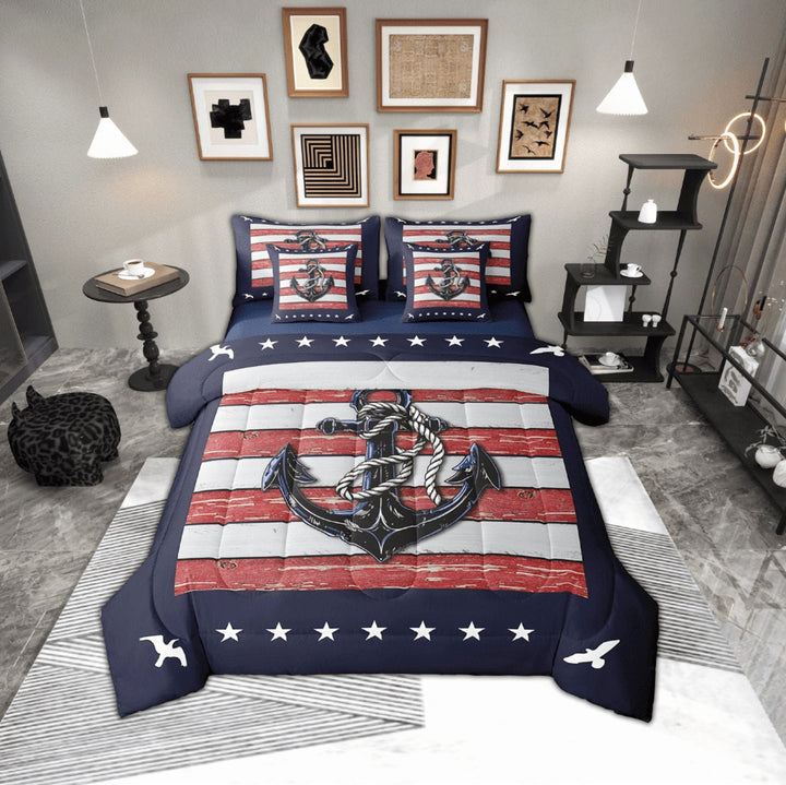 Erosebridal Retro Anchor Bed in a Bag Queen Size, Red Grey Stripe Bed Set, Nautical Old Barn Door Bedroom Decorative, Reversible 7 Pieces