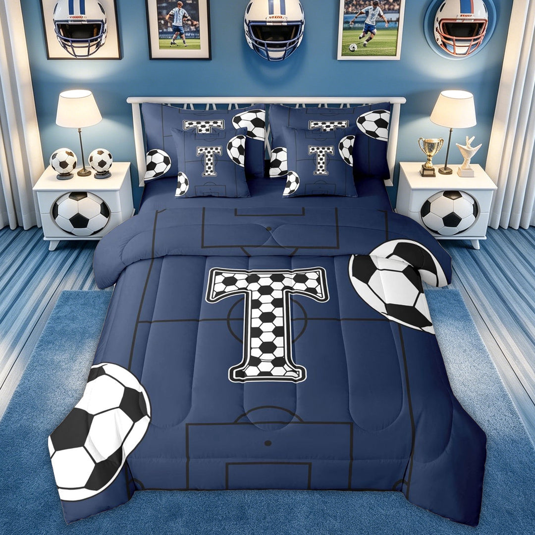 Feelyou Abstract Letter T Twin Bedding for Boys, Cartoon Stripe Ball Print Bedding Comforter Set, Blue Reversible, 7pcs