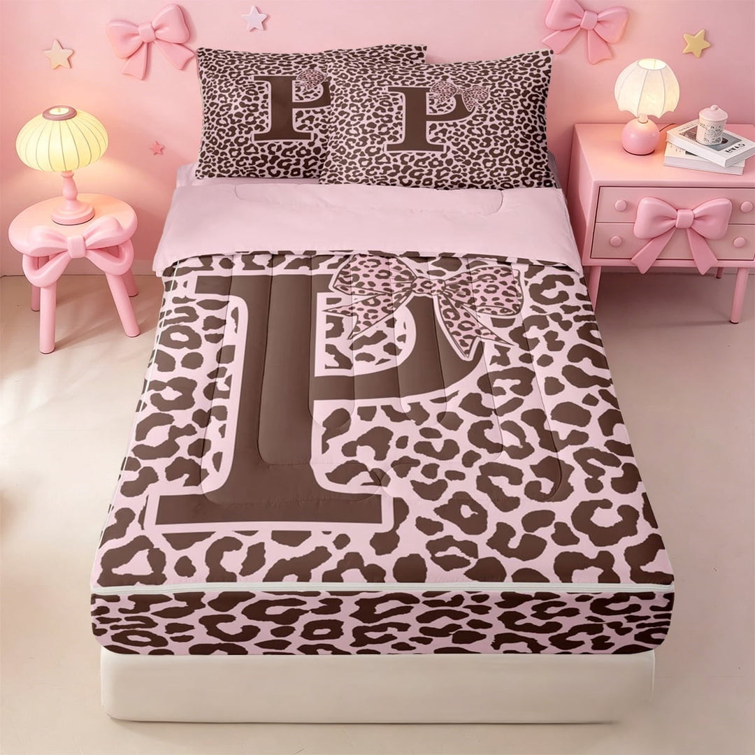 meiyoeat Girls Personalized Monogram P Zipper Twin Comforter Sets with Fitted Sheet and 2 Pillowcases,Pink Leopard Print Bow Zipper Bedding Set,Pink Reversible,4-Piece