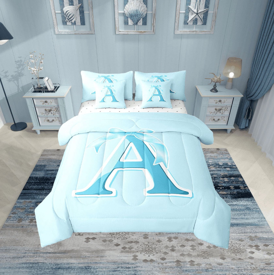 Erosebridal Monogrammed A Bedding Sets Twin Size, Initial Letter Comforter Sets with Sheets, Blue Bow Reversible Bed Set, Super Cozy Bedroom Decor, 7 Pieces
