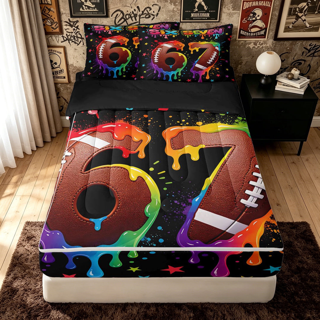 meiyoeat Graffiti Dripping Football Zipper Full Size Comforter Sets with Fitted Sheet and 2 Pillowcases for Boys, Rainbow 67 Number Stars Zipper Bedding Set, Black Reversible, 4 Pieces