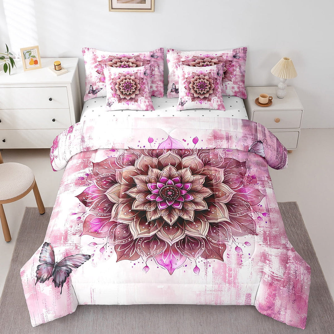 7-Piece Watercolor Mandala Bedding Twin Size Chic Flower Floral Comforter Set Women,Watercolor Oil Painting Bedding Comforter Sets Ombre Gradient Bed in a Bag,Pink Bedding