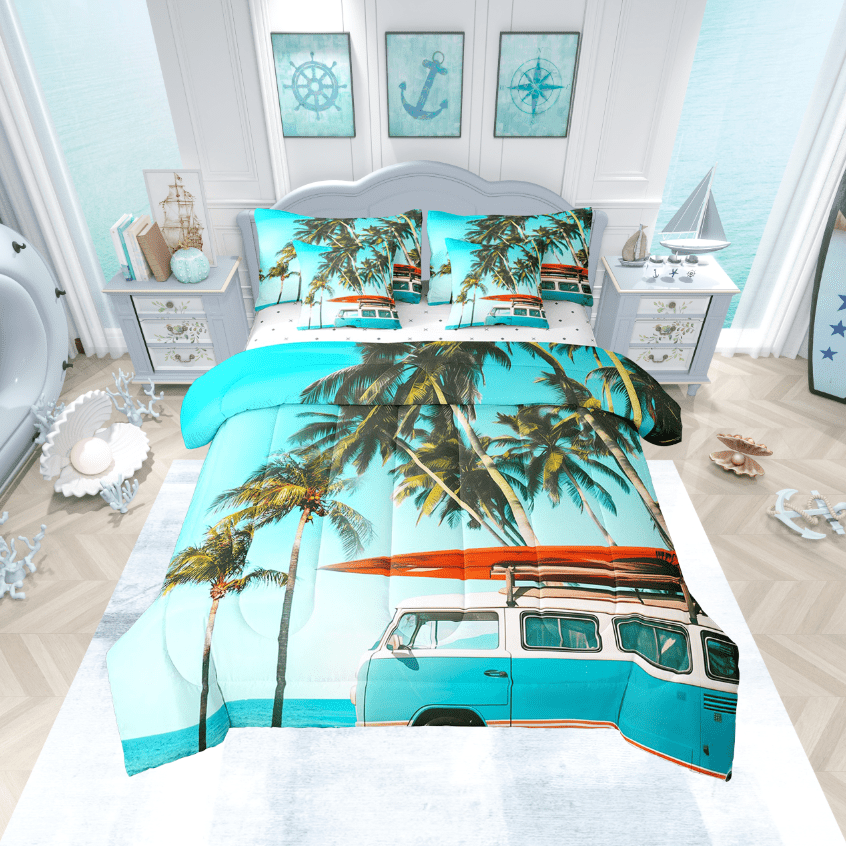 Erosebridal Palm Tree Leaf Comforter Set Full Size 7 Piece Coastal Beach Bed in a Bag,Tropical Hawaiian Boho Bedding Set(1 Comforter,1 Fitted Sheet,1 Flat Sheet,2 Pillowcases,2 Throw Pillow Covers)