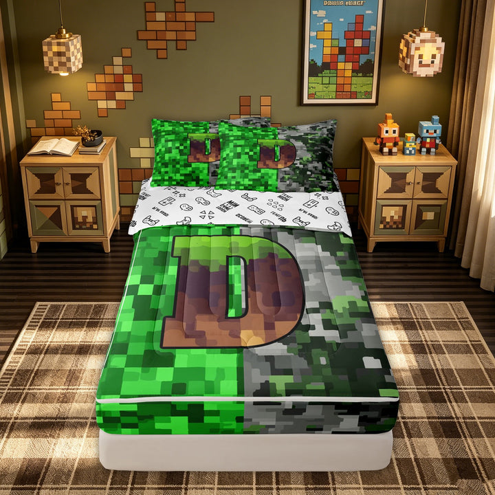 meiyoeat Pixel Grass D Initial Zipper Comforter Set with Fitted Sheet and 2 Pillowcases for Boys, Gamer Block Monogram Zipper Bedding Set, Green Brown, Gamepad Reversible, 3-Piece