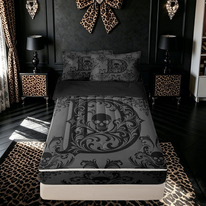 meiyoeat Gothic Skull Letter D Zipper Comforter Set with Fitted Sheet and 2 Pillowcases for Boys Girls, Boho Damask Flower Zipper Bedding Set, Black Reversible, 3 Pieces