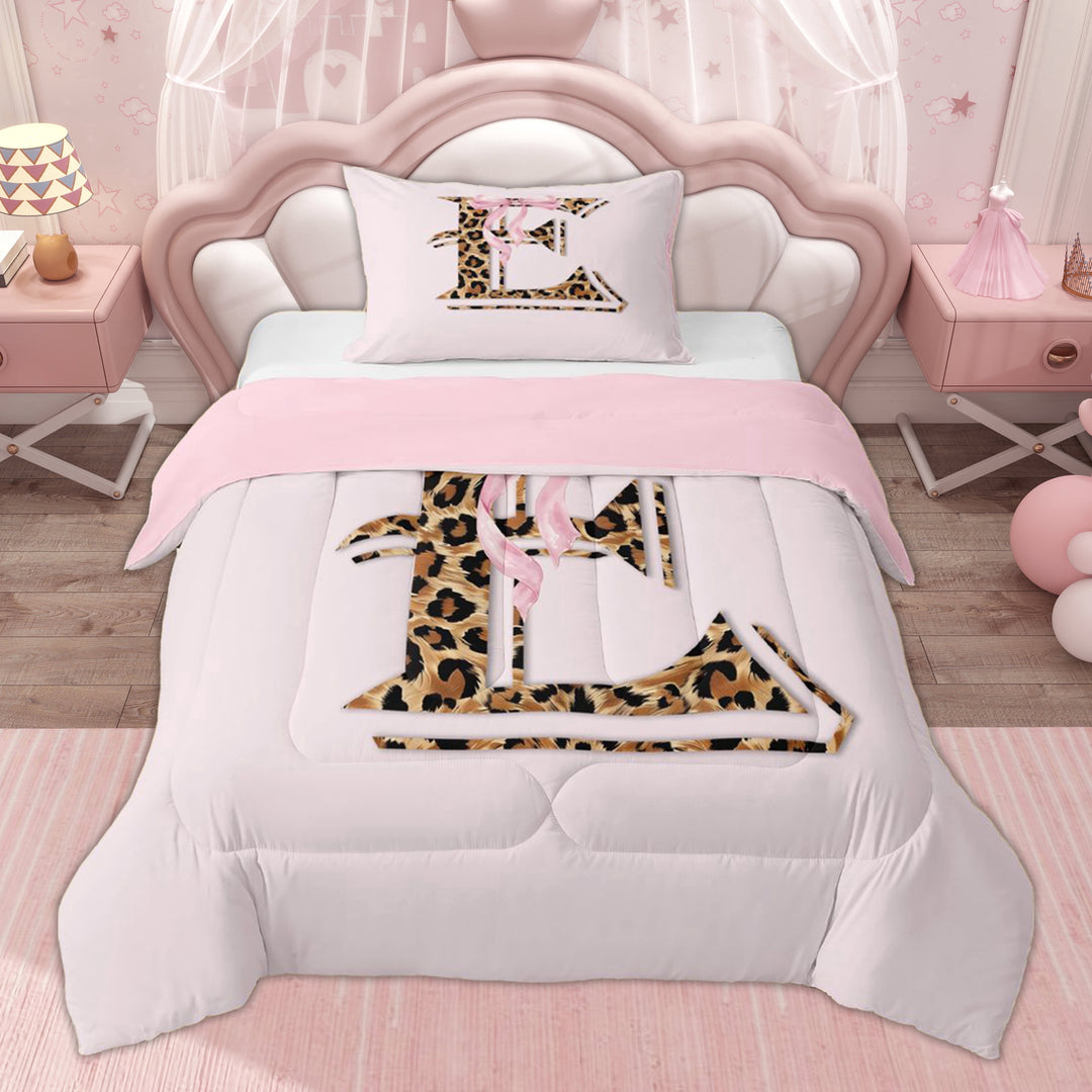 Erosebridal Cheetah Print E Letter Kid Twin Comforter Sets, Princess Pink Bow Bedding Set, 2pcs