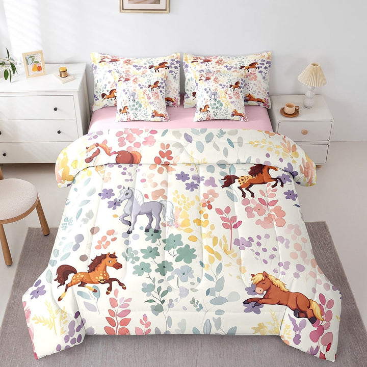 7Pcs Flower Horse Full Bedding Set with Sheets,Farmhouse Animal Bed Set,Watercolor Wildflower Bed Comforter Set with Fitted Sheet,Flat Sheet,Pillowcases
