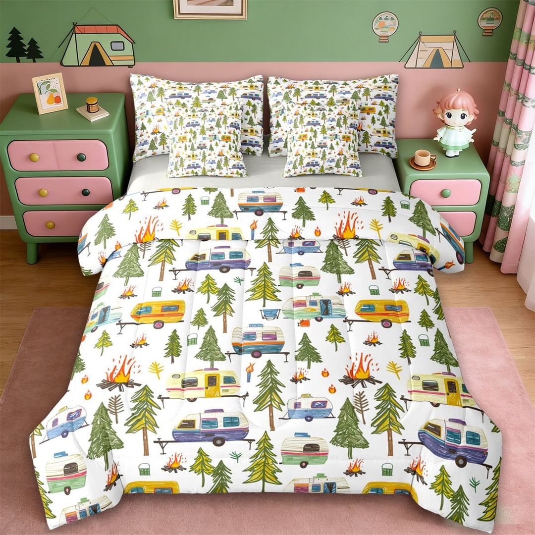 Erosebridal Kids Camping 7pcs Bedding Comforter Set For Camper Gifts,Colorful Cartoon RV Queen Bedding Sets For Girl Kids,Reversible lightgray