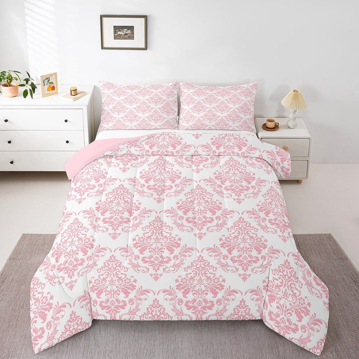 Erosebridal Pink Damask Comforter Sets Queen Size,Vintage Baroque Flower Bedding Queen Comforter Set,Bohemian Room Decorative,Reversible,3Pcs