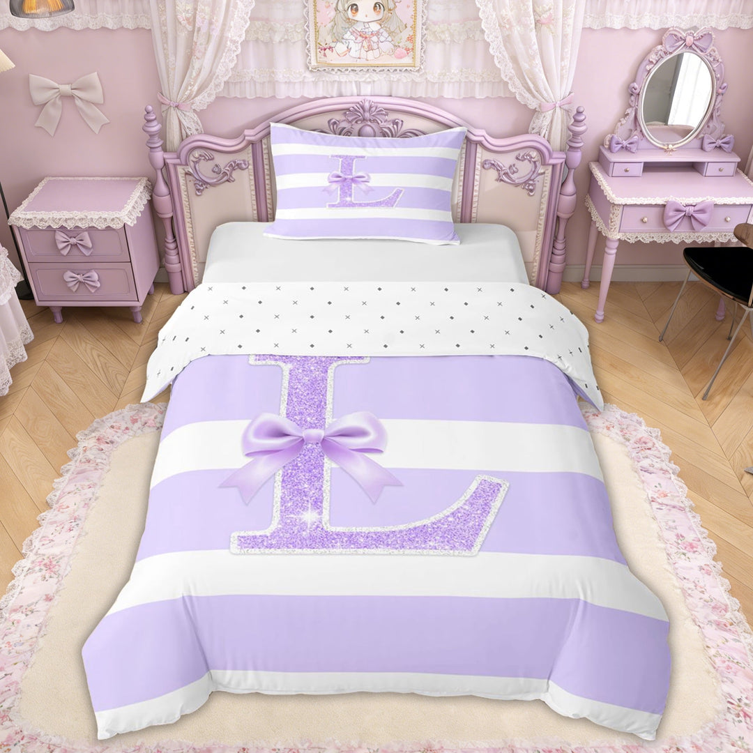Erosebridal Glitter Print Bow Letter L Twin Bedding for Girls, Purple Stripes Ribbon Duvet Cover Set, Reversible, 1 Duvet Cover and 1 Pillowcase (No Comforter)