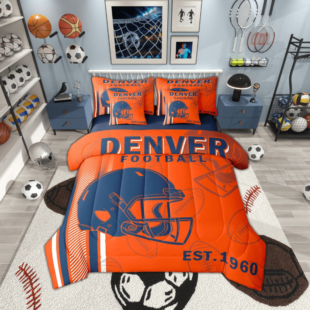 Manfei Rugby City Twin Bedding Sets 7-Piece,Sports Theme Bedding Comforter Set,Denver Sheet Sets For Boys,Ultra Soft Bedroom Decor,Reversible