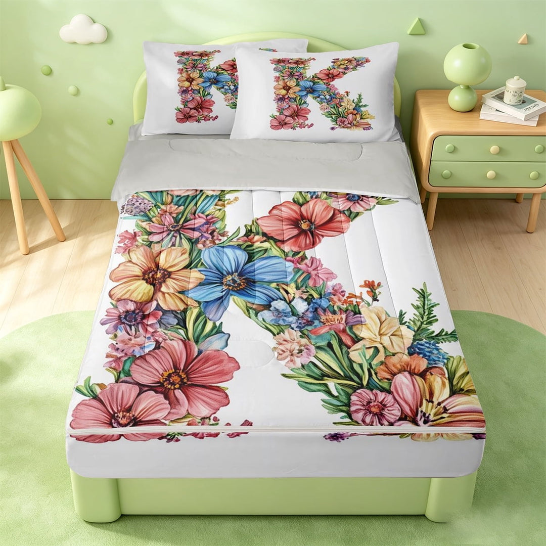 meiyoeat Vintage Multicolor Flowers Zipper Full Size Comforter Sets with Fitted Sheet and 2 Pillowcases,Watercolor Monogram K Zipper Bedding Set For Girls,Light Gray Reversible,4 Pieces