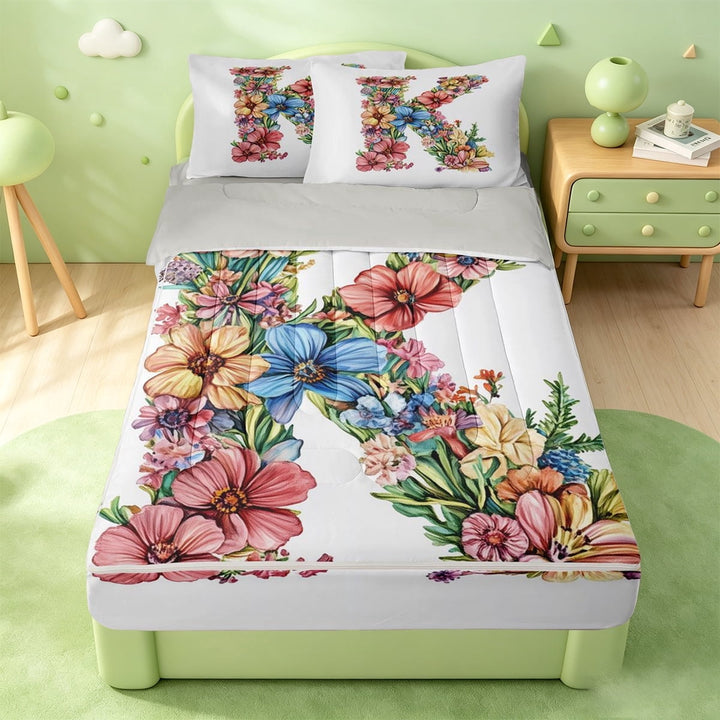 meiyoeat Vintage Multicolor Flowers Zipper Full Size Comforter Sets with Fitted Sheet and 2 Pillowcases,Watercolor Monogram K Zipper Bedding Set For Girls,Light Gray Reversible,4 Pieces