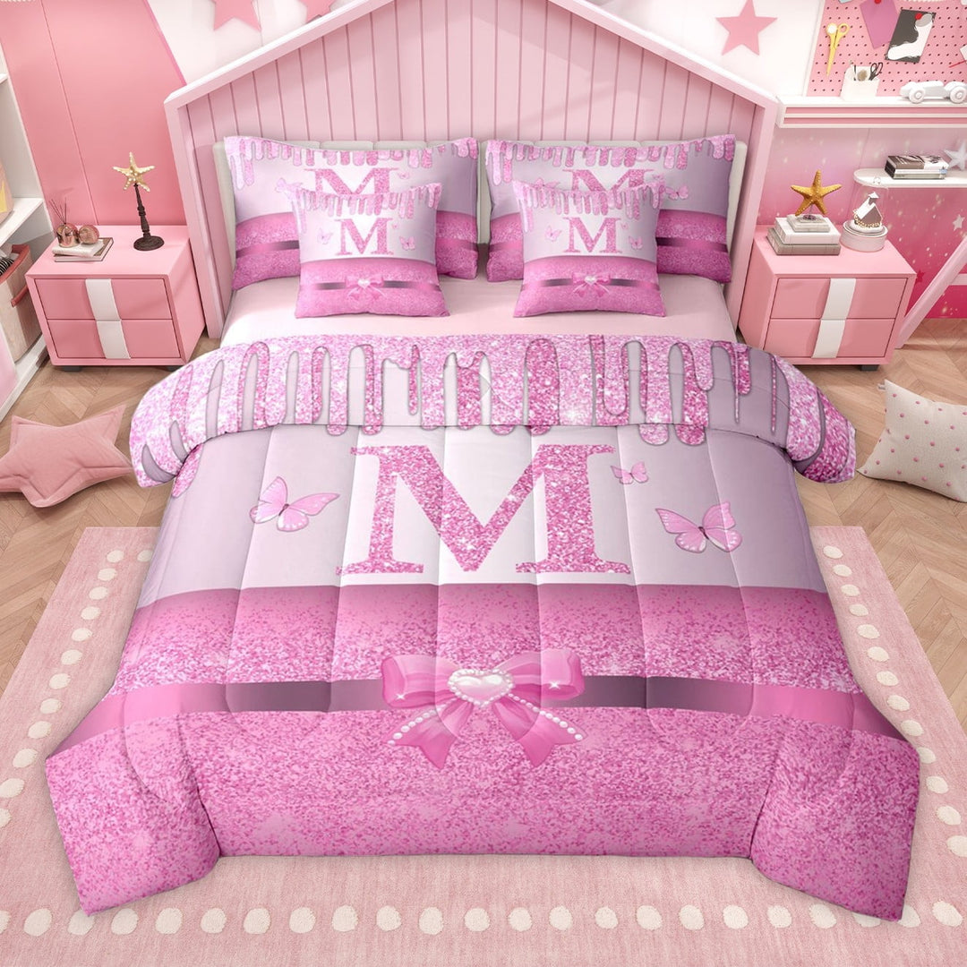 Manfei Letter Monogrammed Initial M Girl 7 Pieces Bedding Comforter Set,Kawaii Bow Butterfly Full Bedding Set Lightweight,Bling Pink Glitter Fitted Sheet Flat Sheet,Lightweight Room Decor