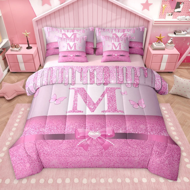 Manfei Letter Monogrammed Initial M Girl 7 Pieces Bedding Comforter Set,Kawaii Bow Butterfly Full Bedding Set Lightweight,Bling Pink Glitter Fitted Sheet Flat Sheet,Lightweight Room Decor