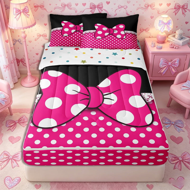 Meiyoeat Bright Polka Dot Print Zipper Twin Comforter Sets with Fitted Sheet and 2 Pillowcases, Playful Bow Pattern Zipper Bedding Set, Pink Black White,4-Piece