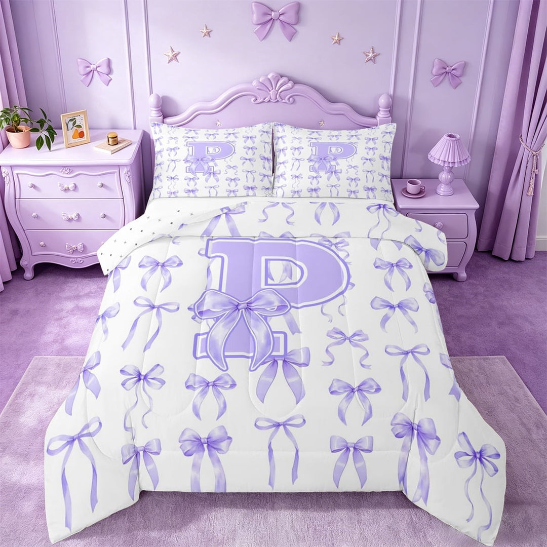 Manfei Cute Lavender Bow Tie Full Size Comforter Sets For Girls,Fashion Letter P Monogram Bedding Sets For Kids,Reversible,3-Piece